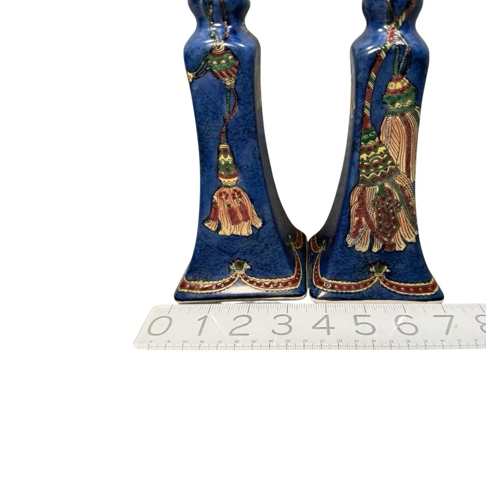 VTG Blue Cloisonne Porcelain Candlestick Holders Pair Chinese 8